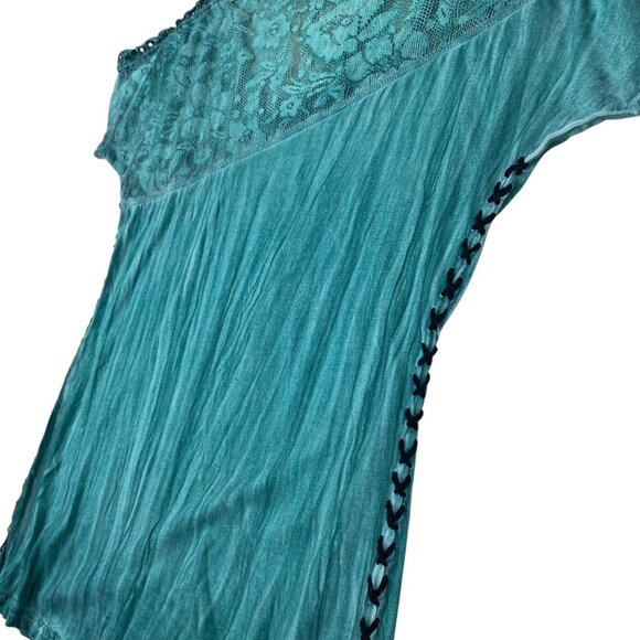 Sinful By Affliction Womens S Lace Tee Distressed Studded Wing Graphic Turquoise - Picture 12 of 16